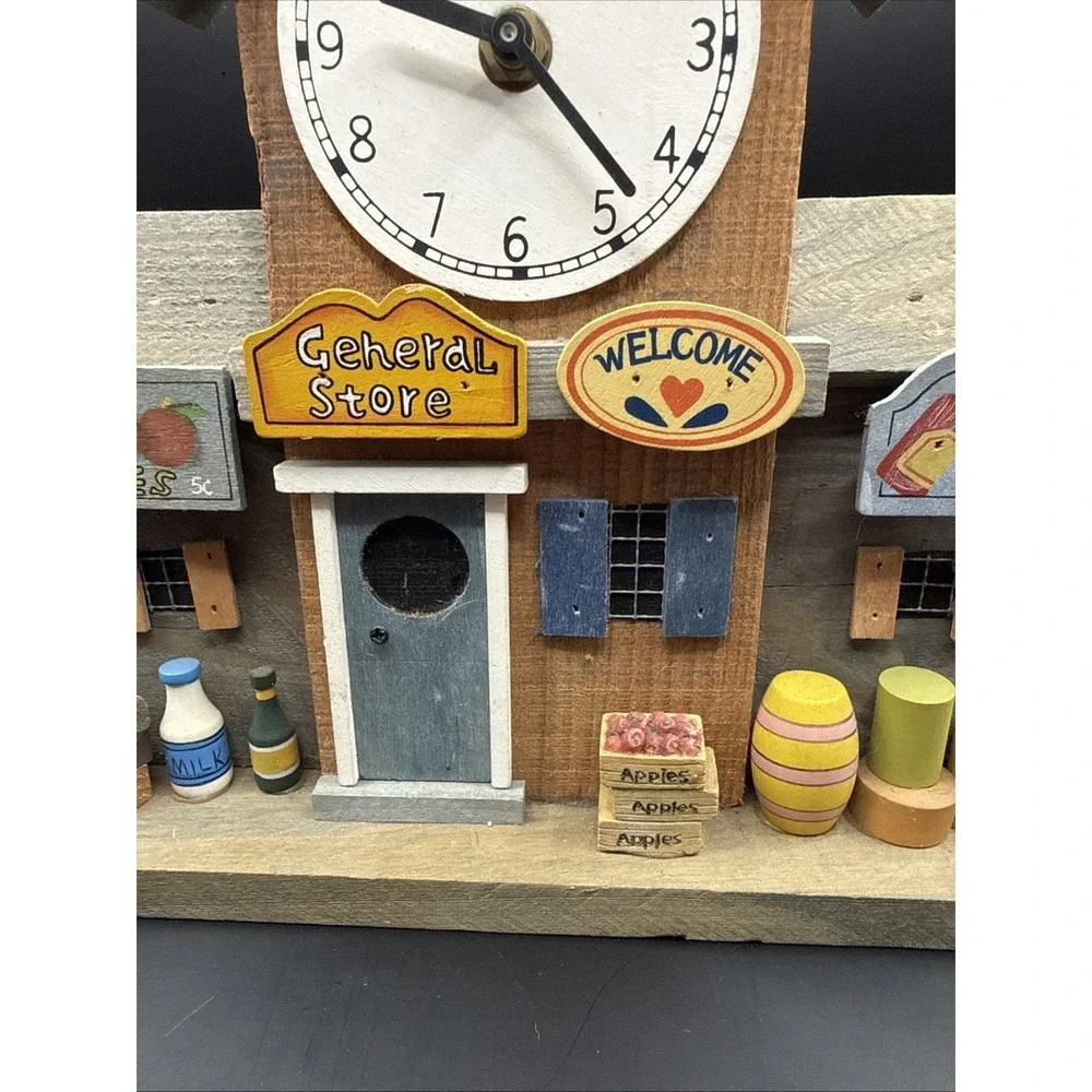 VTG Small Town Store Mantel Wood Decorative with Clock Handmade Cottage Core
